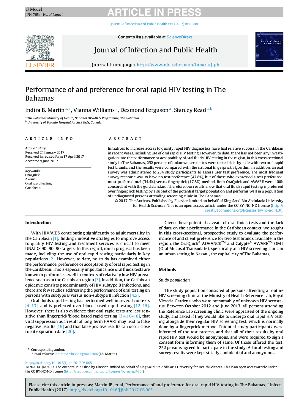 Performance of and preference for oral rapid HIV testing in The Bahamas