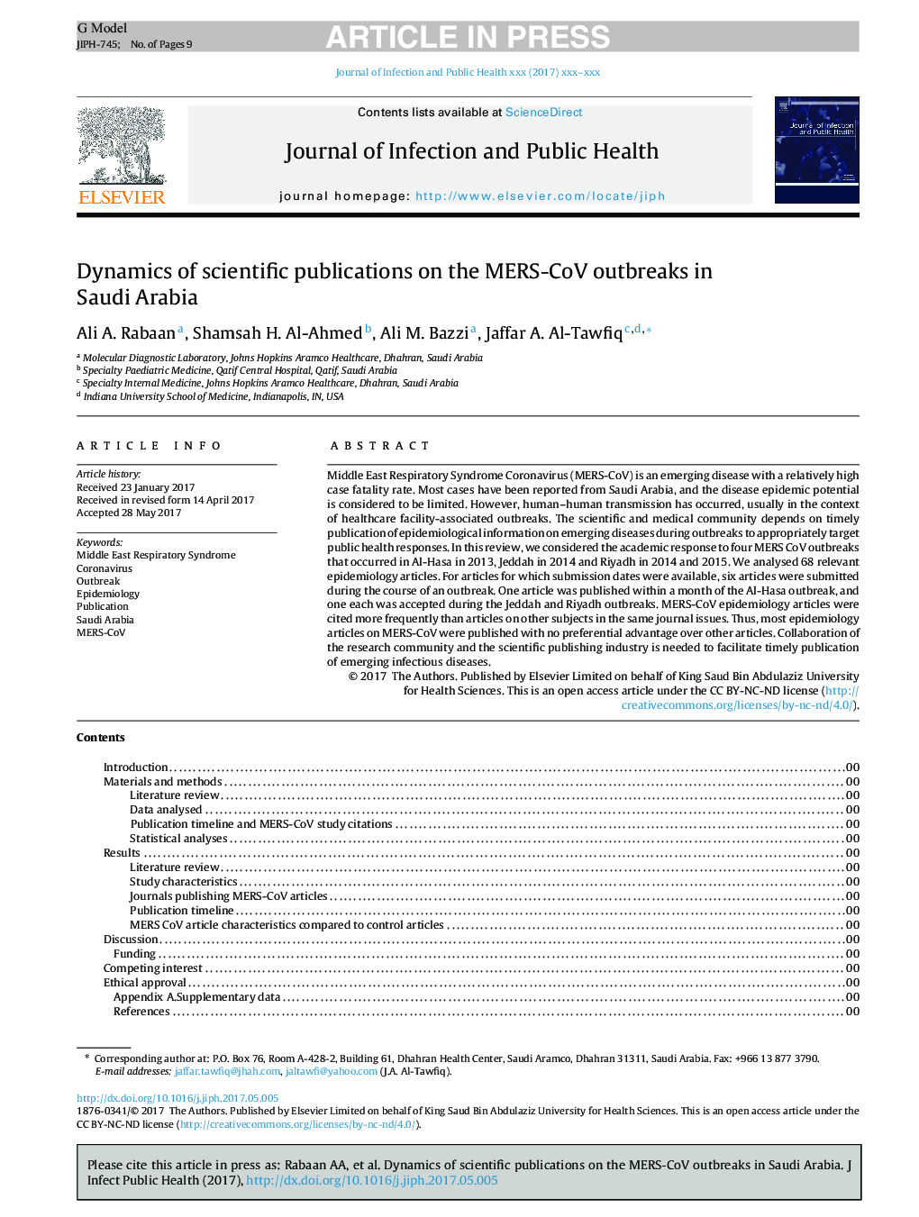 Dynamics of scientific publications on the MERS-CoV outbreaks in Saudi Arabia