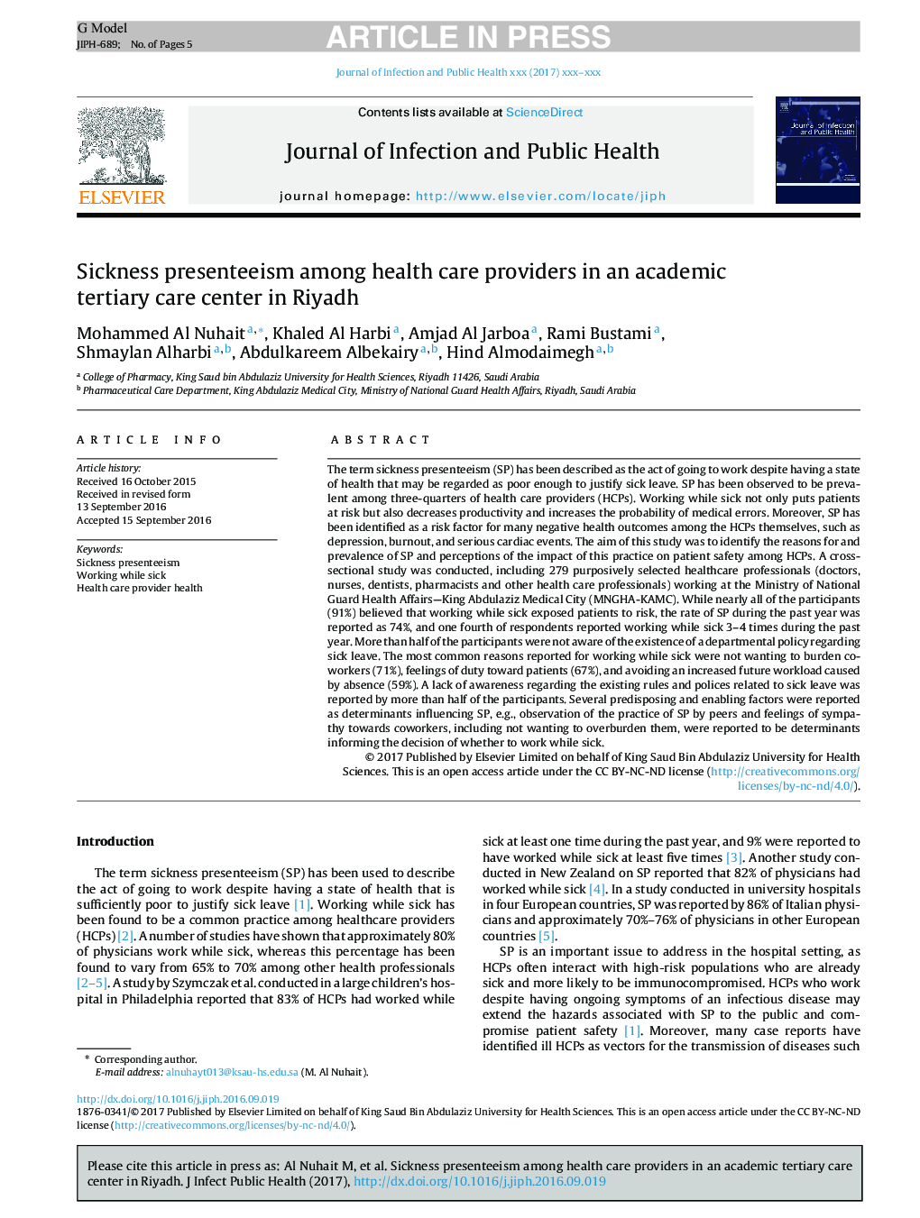 Sickness presenteeism among health care providers in an academic tertiary care center in Riyadh