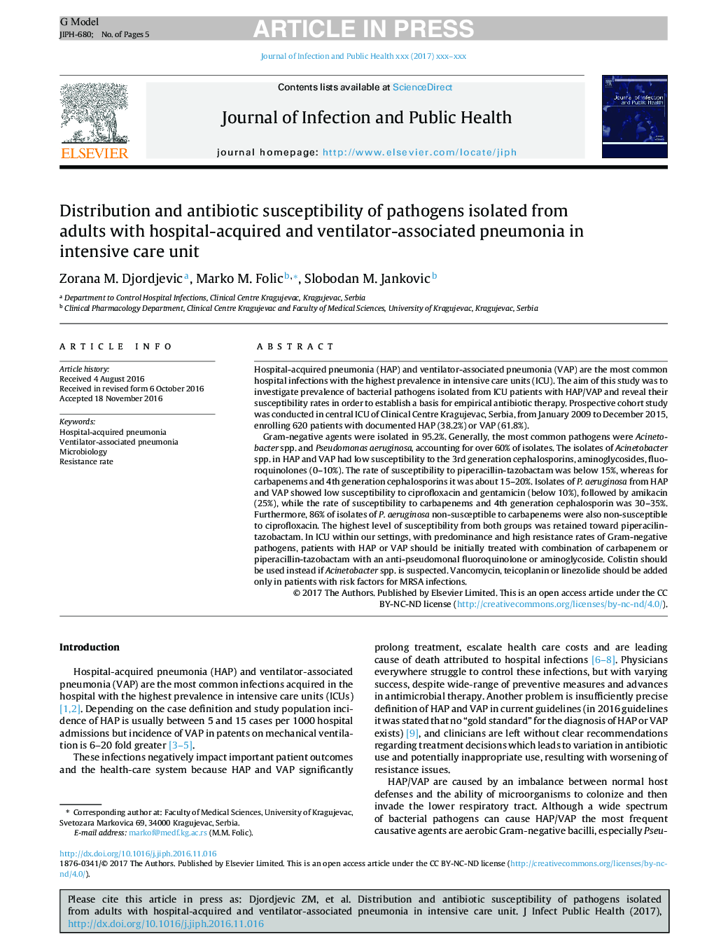 توزیع و حساسیت آنتی بیوتیک پاتوژن های جدا شده از بزرگسالان مبتلا به پنومونی مرتبط با بیمار و پنومونی در بخش مراقبت های ویژه 