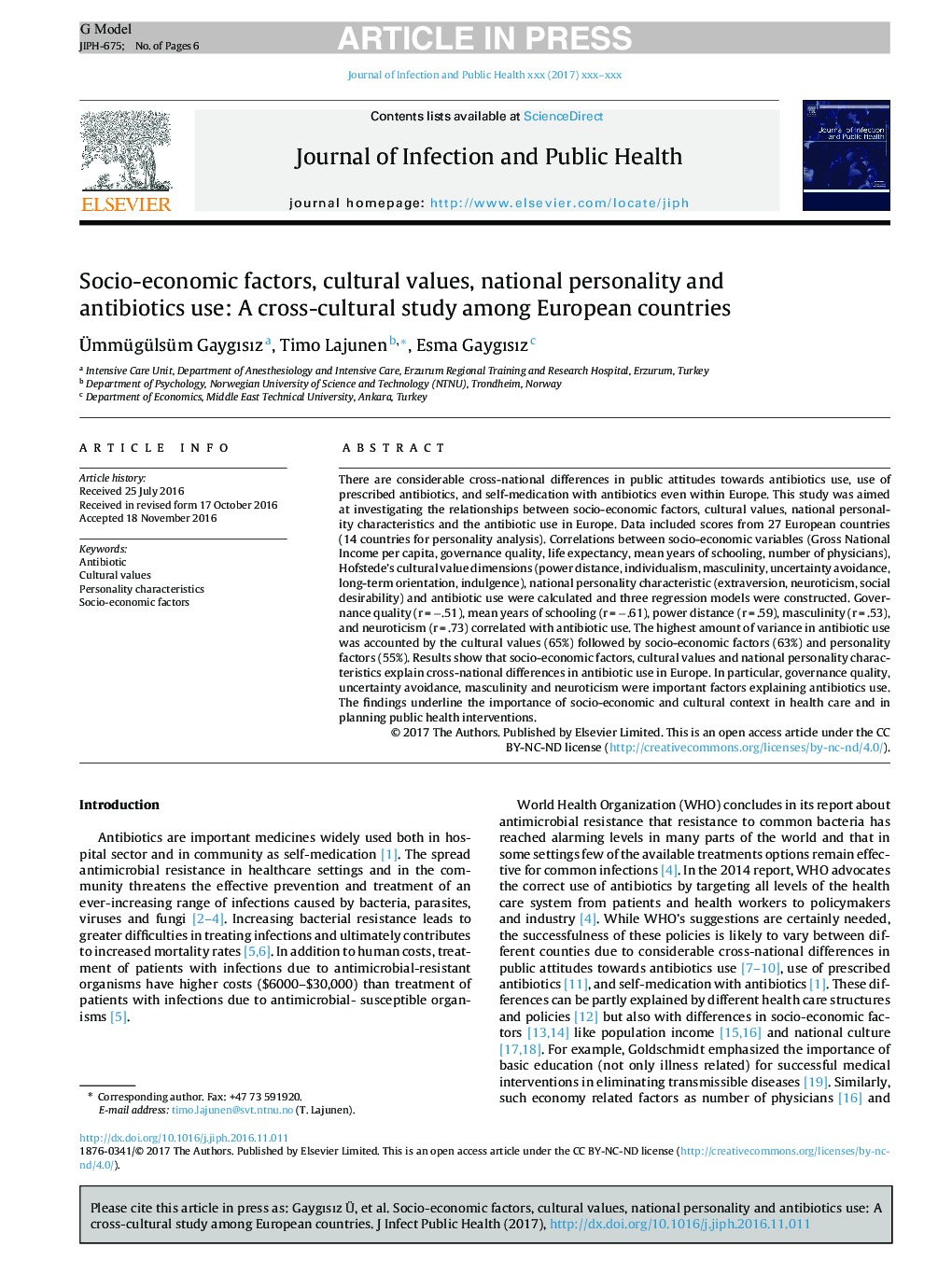 Socio-economic factors, cultural values, national personality and antibiotics use: A cross-cultural study among European countries