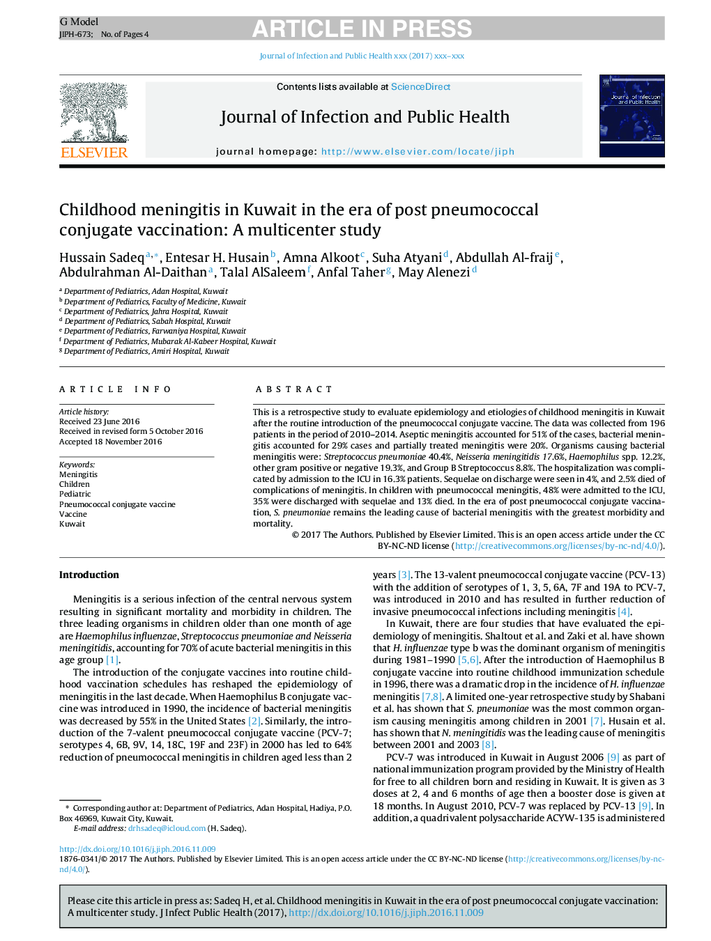 Childhood meningitis in Kuwait in the era of post pneumococcal conjugate vaccination: A multicenter study