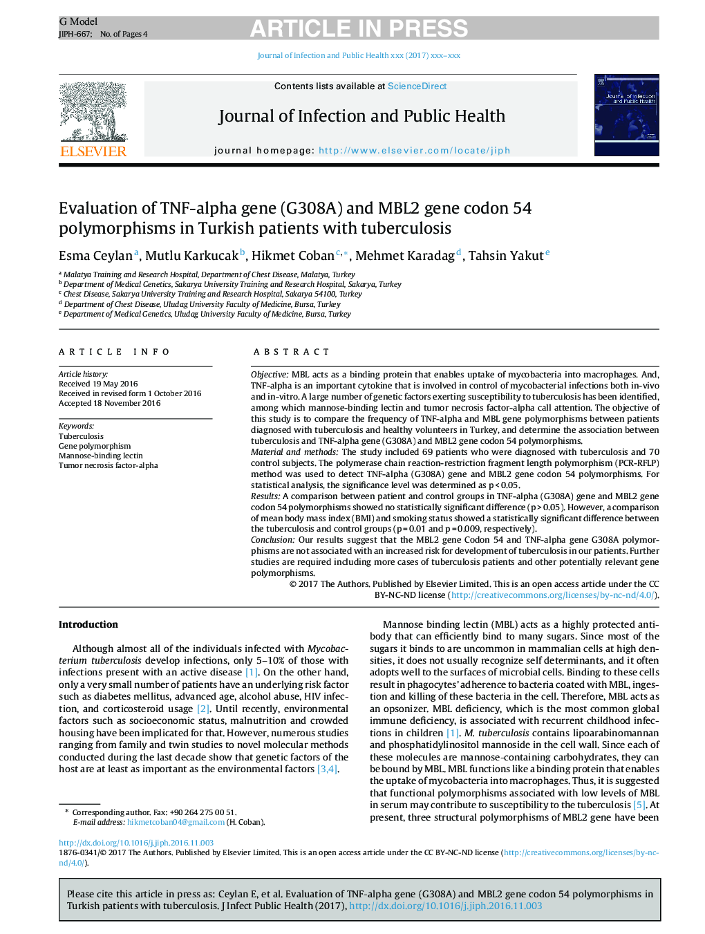 Evaluation of TNF-alpha gene (G308A) and MBL2 gene codon 54 polymorphisms in Turkish patients with tuberculosis