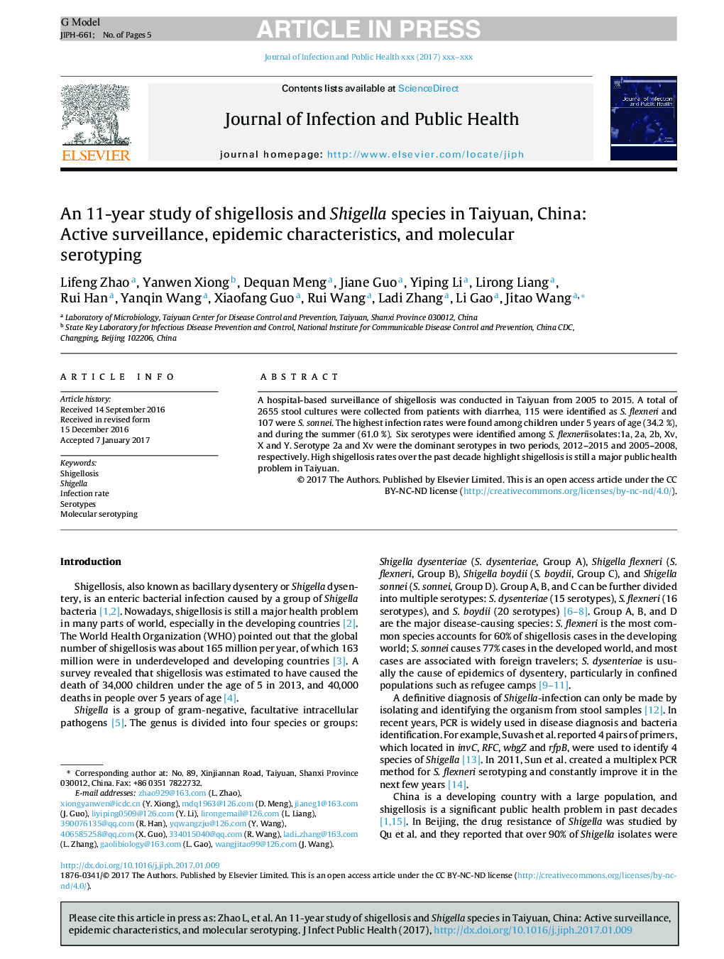 An 11-year study of shigellosis and Shigella species in Taiyuan, China: Active surveillance, epidemic characteristics, and molecular serotyping