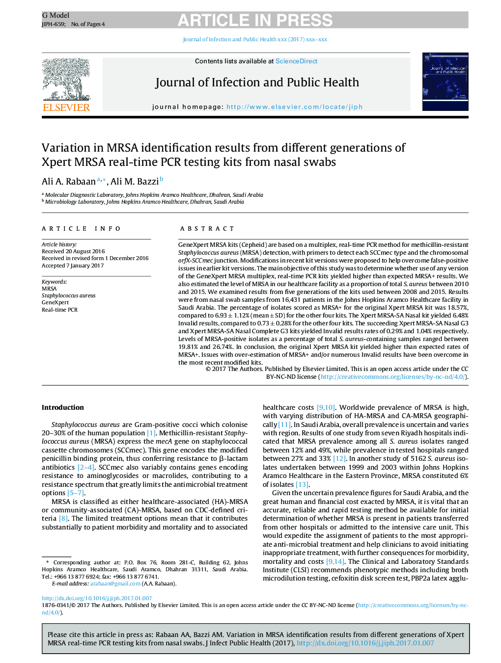 Variation in MRSA identification results from different generations of Xpert MRSA real-time PCR testing kits from nasal swabs