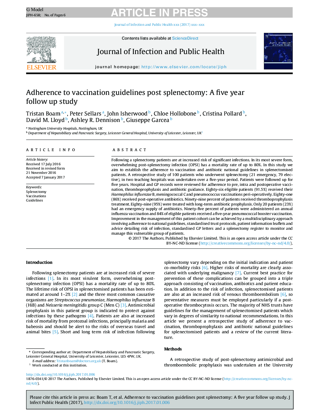 Adherence to vaccination guidelines post splenectomy: A five year follow up study