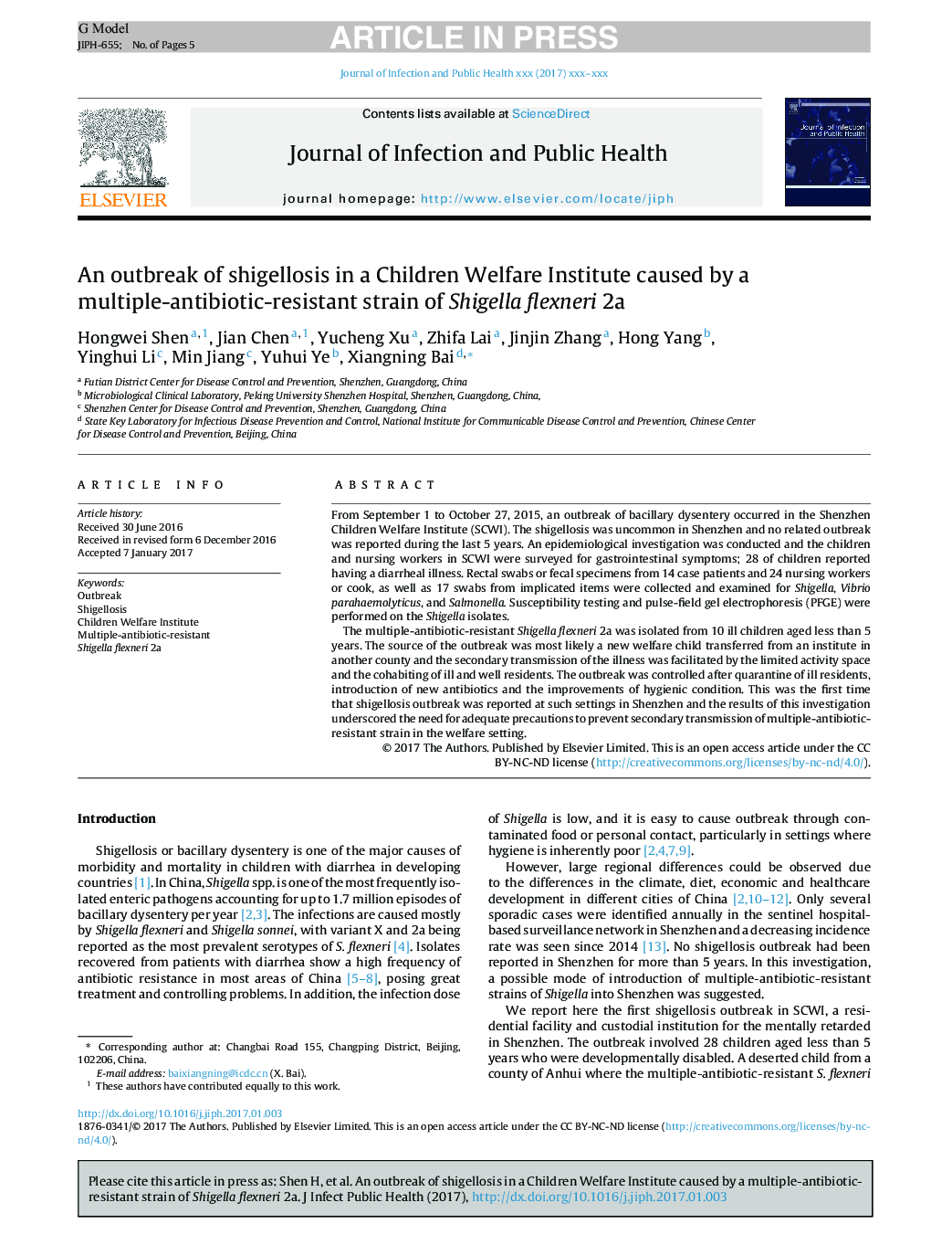 An outbreak of shigellosis in a Children Welfare Institute caused by a multiple-antibiotic-resistant strain of Shigella flexneri 2a