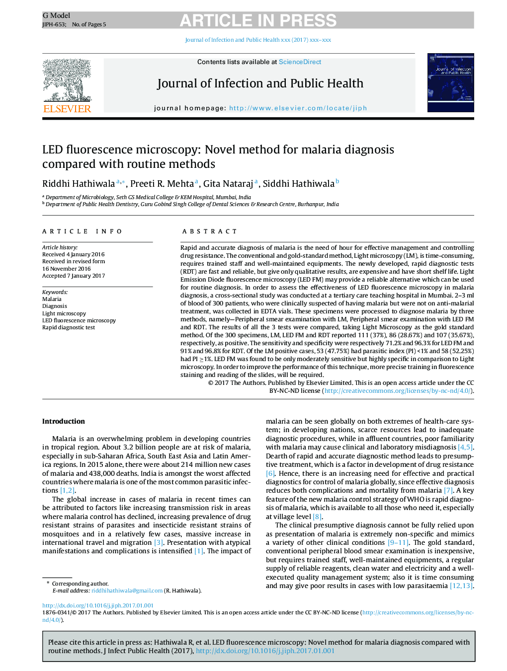 LED fluorescence microscopy: Novel method for malaria diagnosis compared with routine methods