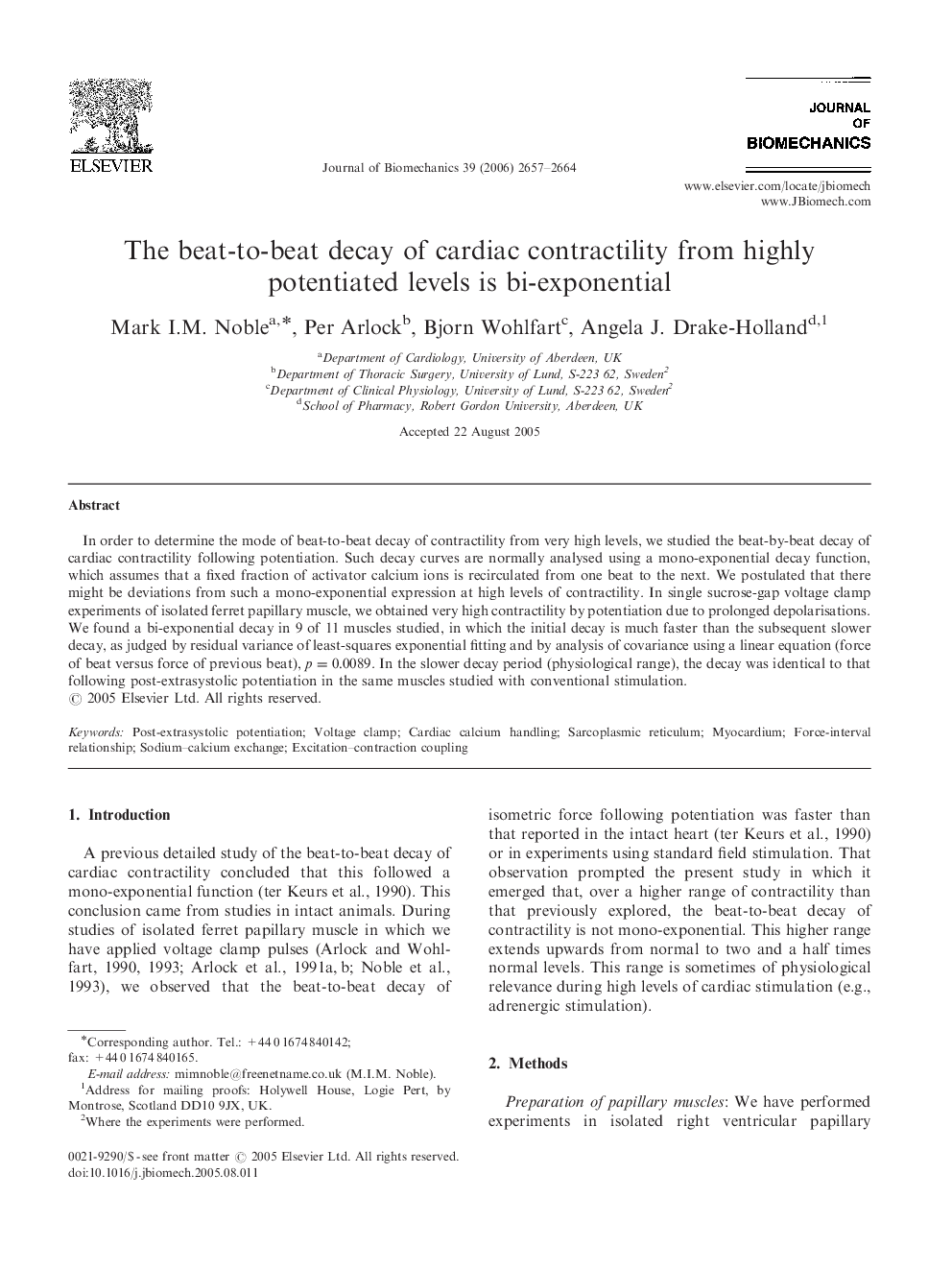 The beat-to-beat decay of cardiac contractility from highly potentiated levels is bi-exponential