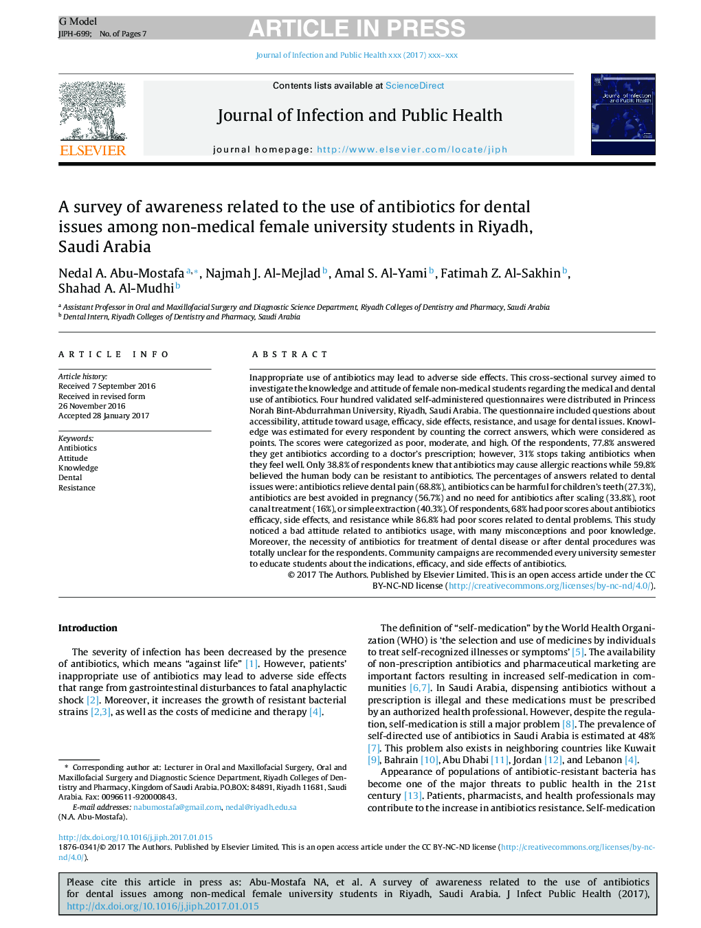 A survey of awareness related to the use of antibiotics for dental issues among non-medical female university students in Riyadh, Saudi Arabia