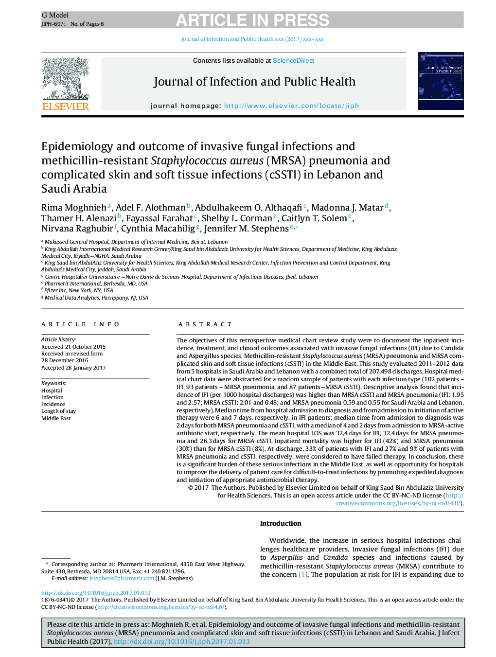 Epidemiology and outcome of invasive fungal infections and methicillin-resistant Staphylococcus aureus (MRSA) pneumonia and complicated skin and soft tissue infections (cSSTI) in Lebanon and Saudi Arabia