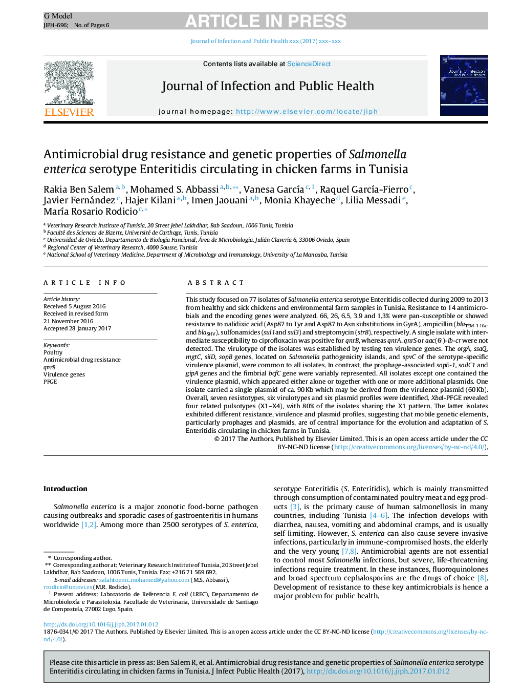 Antimicrobial drug resistance and genetic properties of Salmonella enterica serotype Enteritidis circulating in chicken farms in Tunisia