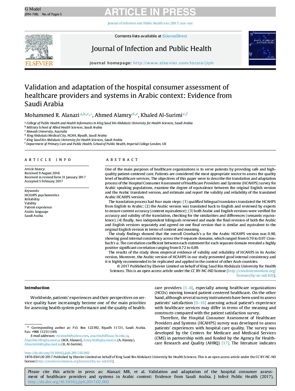 Validation and adaptation of the hospital consumer assessment of healthcare providers and systems in Arabic context: Evidence from Saudi Arabia