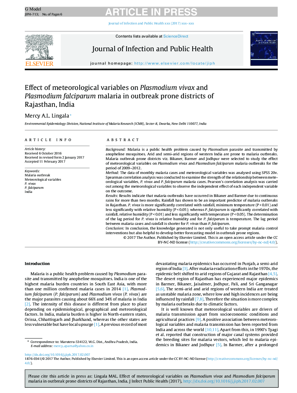 Effect of meteorological variables on Plasmodium vivax and Plasmodium falciparum malaria in outbreak prone districts of Rajasthan, India