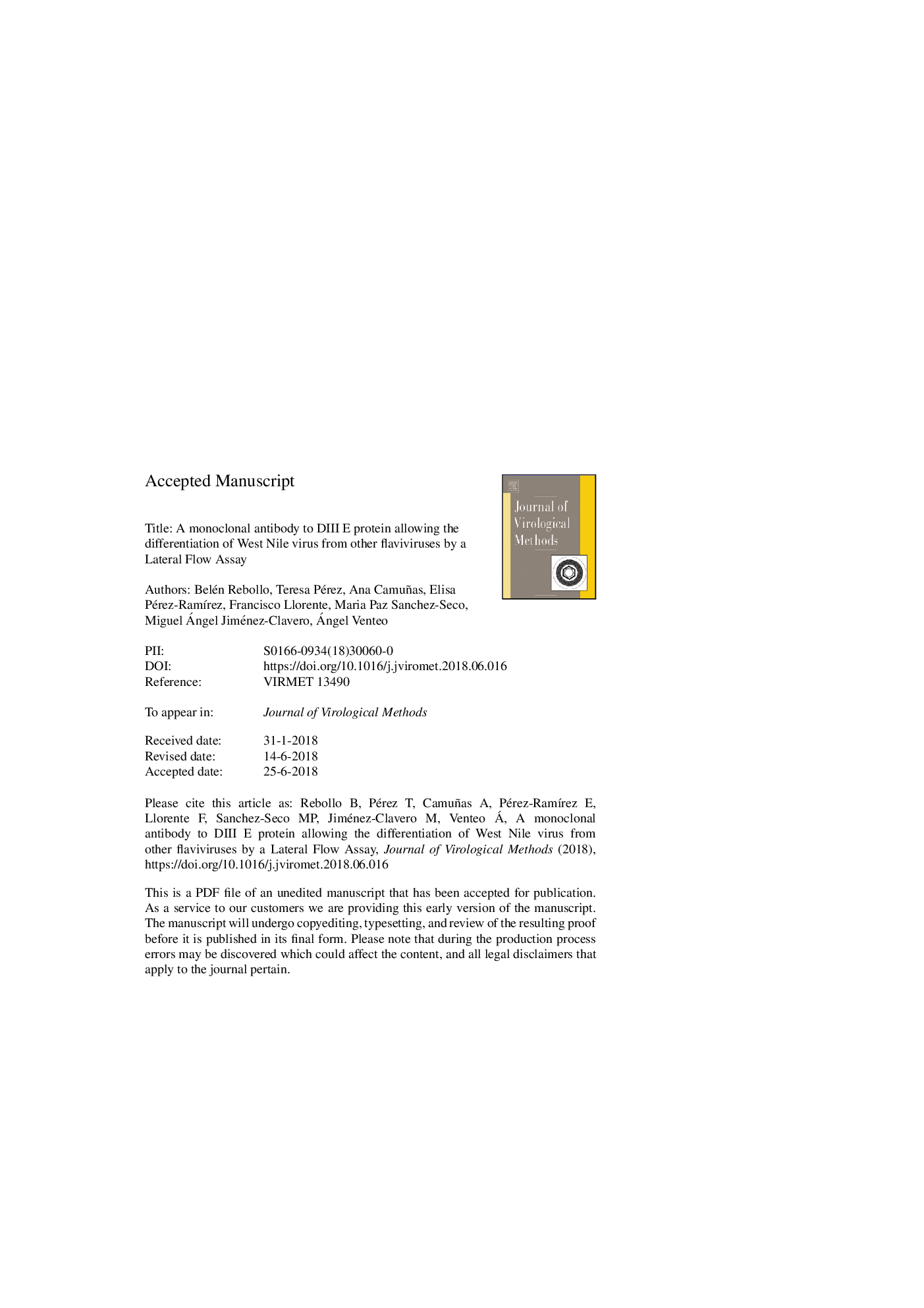 A monoclonal antibody to DIII E protein allowing the differentiation of West Nile virus from other flaviviruses by a lateral flow assay