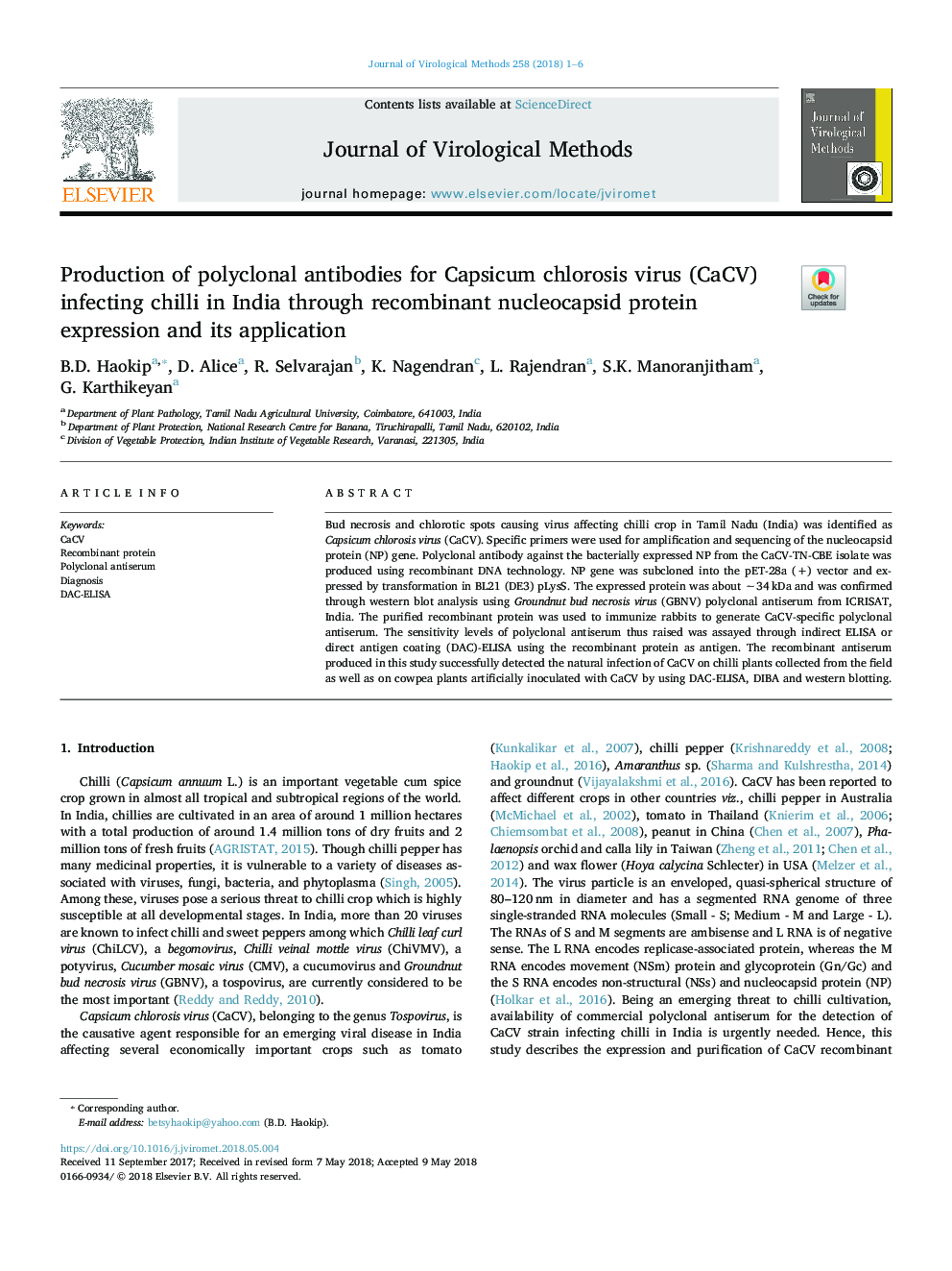 Production of polyclonal antibodies for Capsicum chlorosis virus (CaCV) infecting chilli in India through recombinant nucleocapsid protein expression and its application