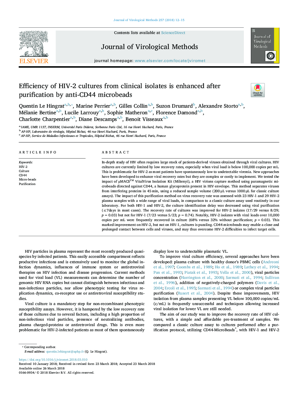 Efficiency of HIV-2 cultures from clinical isolates is enhanced after purification by anti-CD44 microbeads