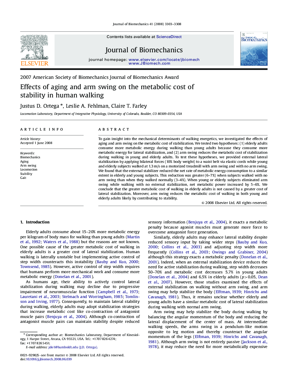 Effects of aging and arm swing on the metabolic cost of stability in human walking