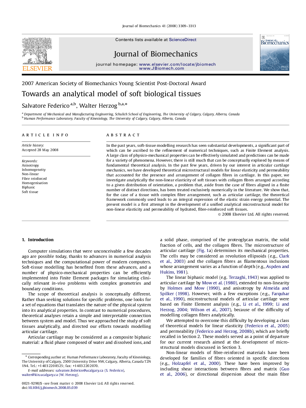 Towards an analytical model of soft biological tissues