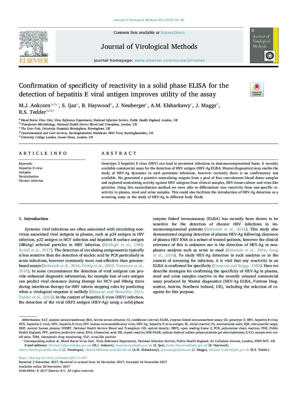 عکس صفحه اول مقاله: Confirmation of specificity of reactivity in a solid phase ELISA for the detection of hepatitis E viral antigen improves utility of the assay Confirmation of specificity of reactivity in a solid phase ELISA for the detection of hepatitis E viral antigen improves utility of the assay