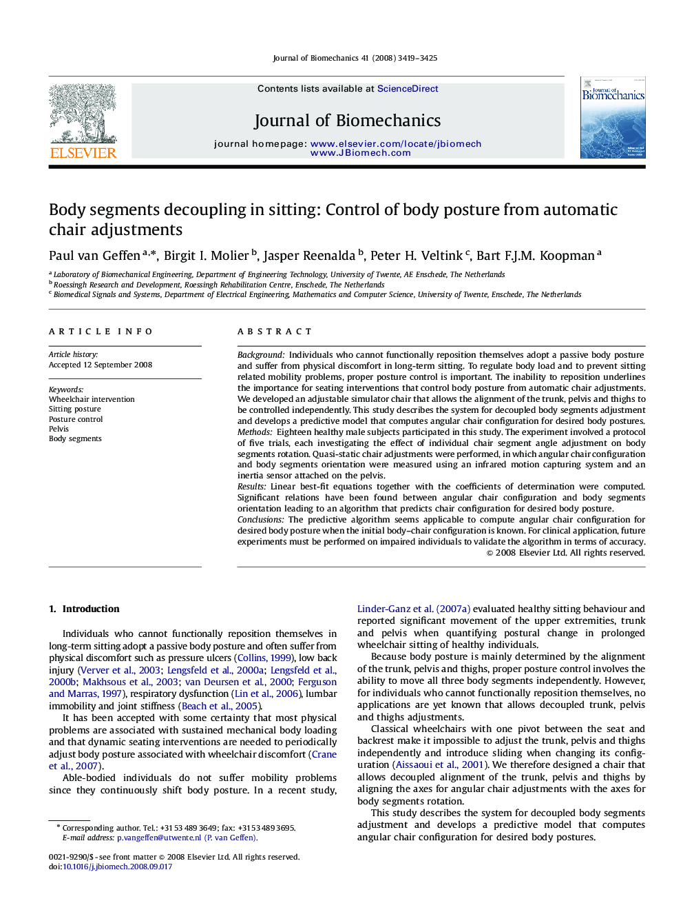 Body segments decoupling in sitting: Control of body posture from automatic chair adjustments