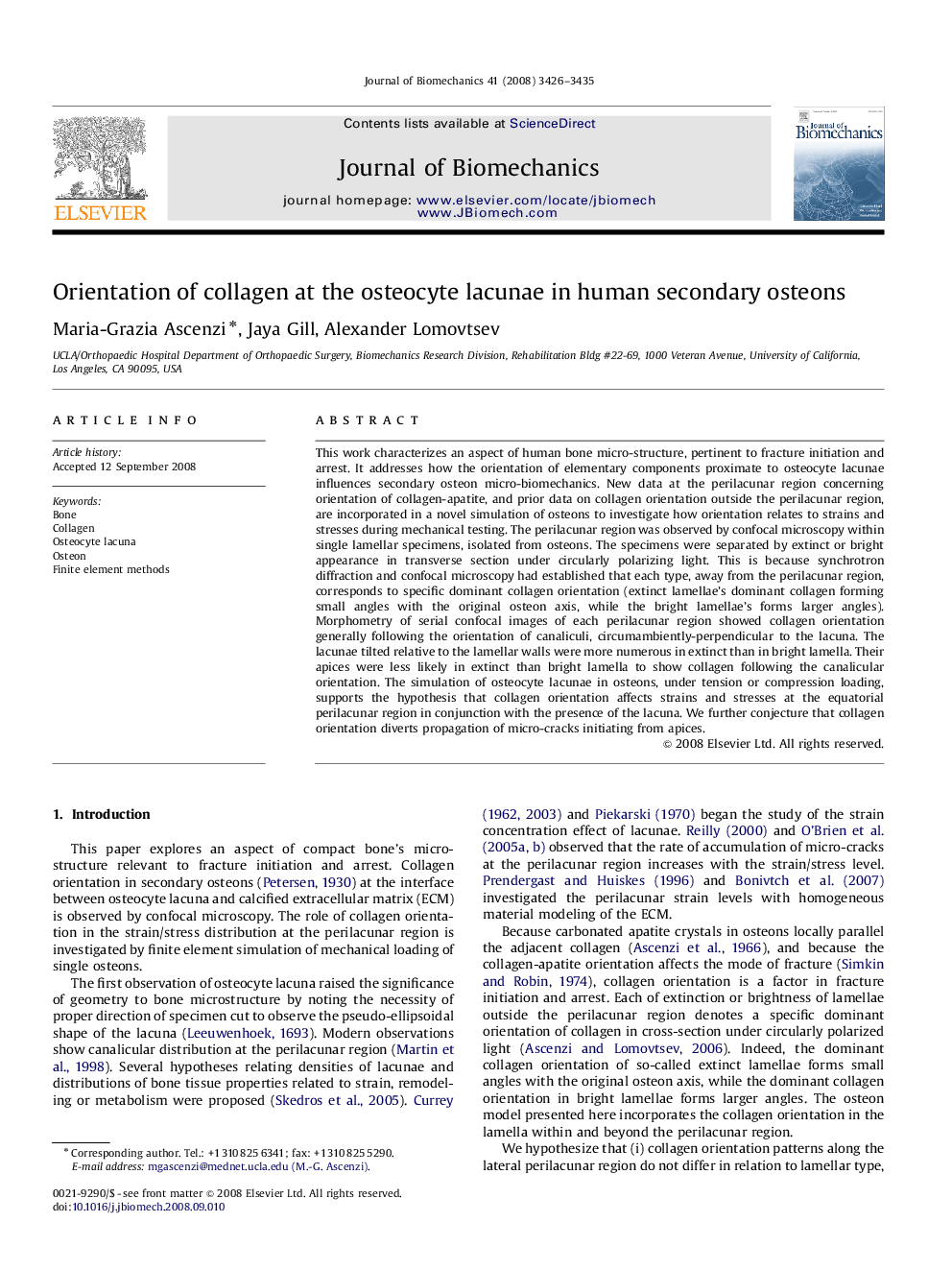 Orientation of collagen at the osteocyte lacunae in human secondary osteons