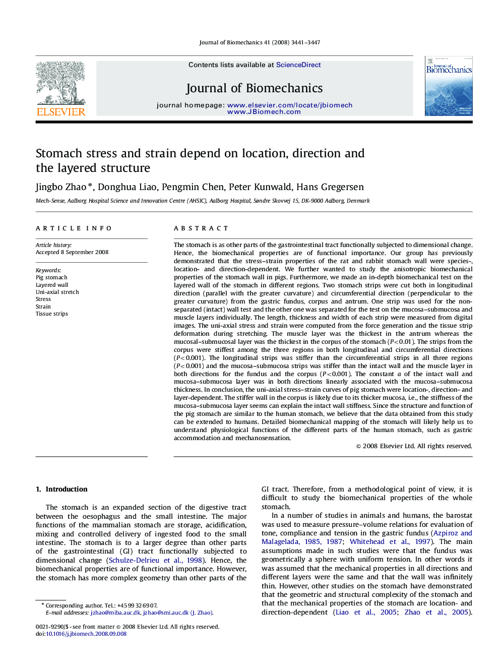Stomach stress and strain depend on location, direction and the layered structure