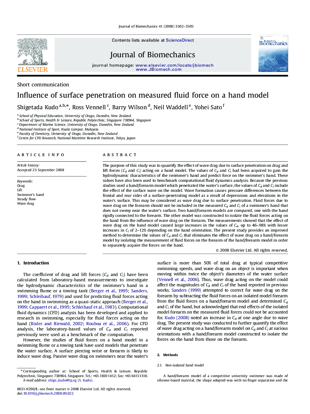 Influence of surface penetration on measured fluid force on a hand model