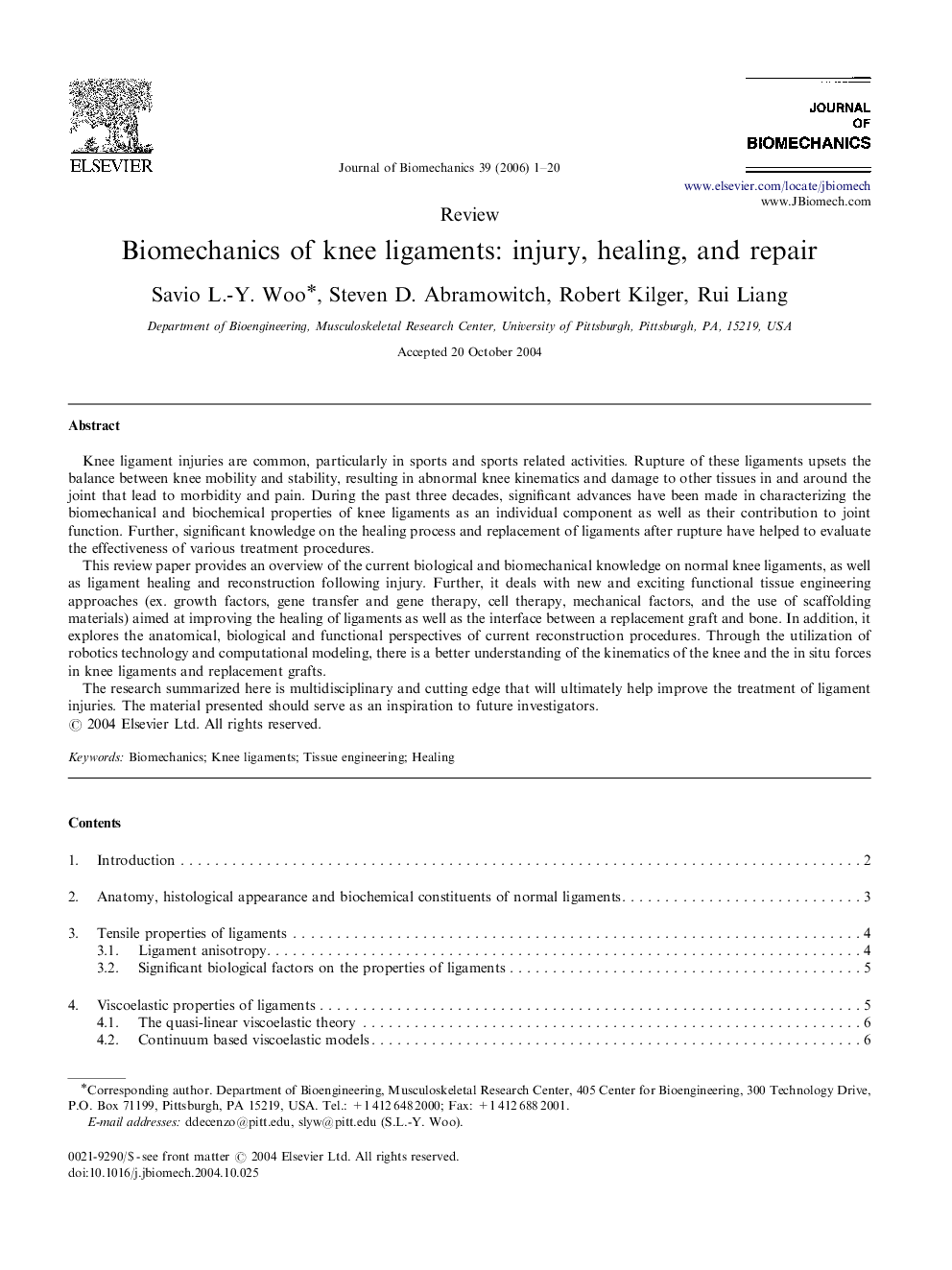 Biomechanics of knee ligaments: injury, healing, and repair