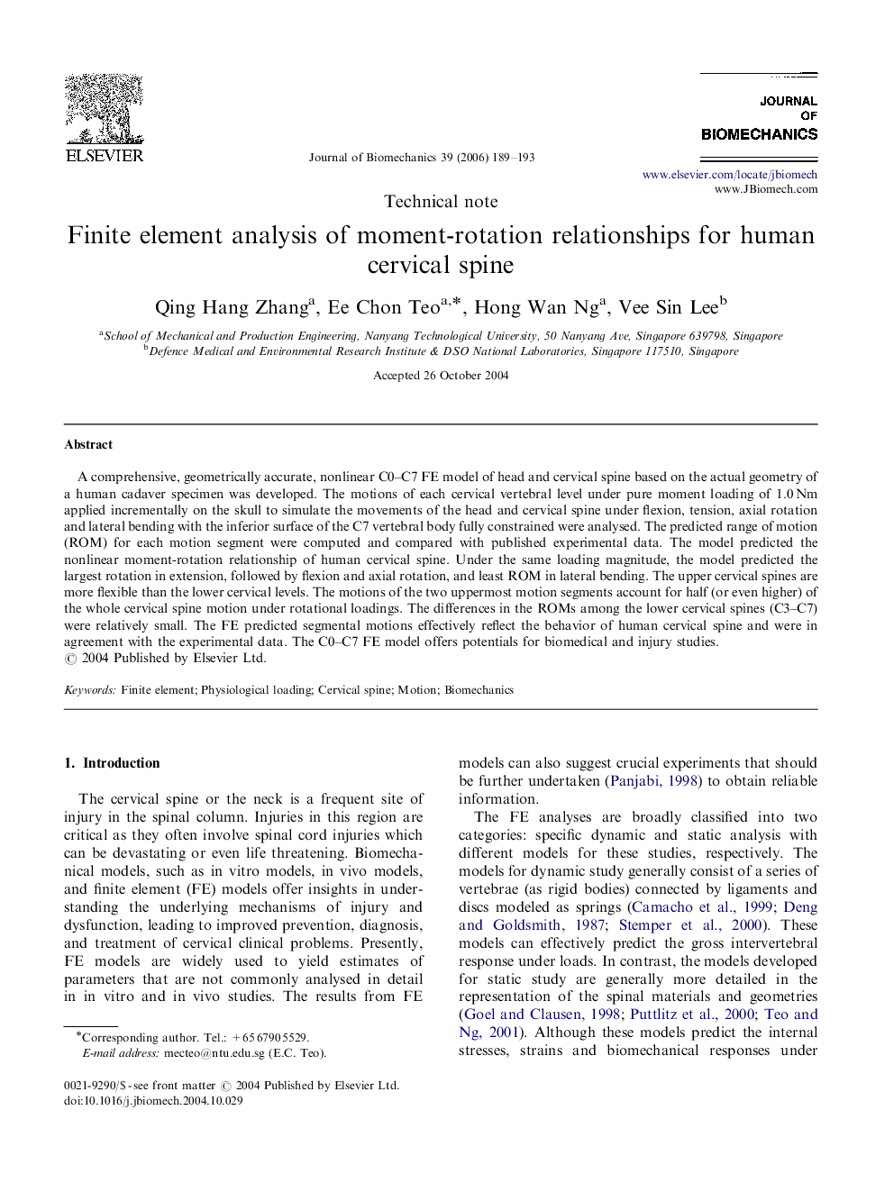 Finite element analysis of moment-rotation relationships for human cervical spine