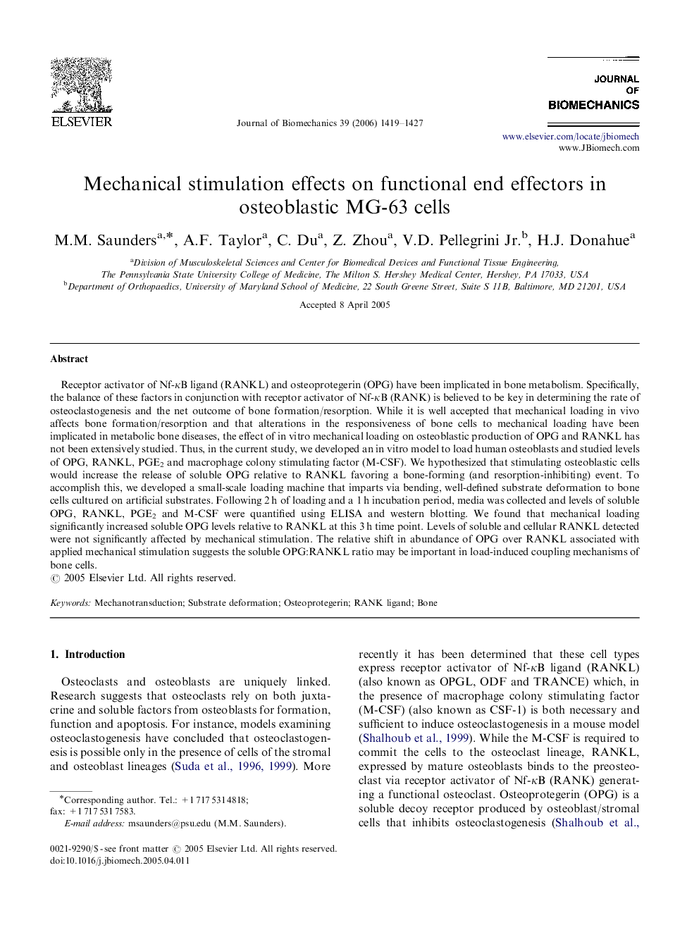 Mechanical stimulation effects on functional end effectors in osteoblastic MG-63 cells