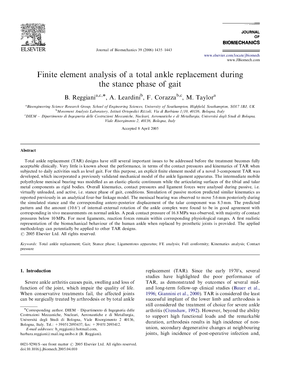 Finite element analysis of a total ankle replacement during the stance phase of gait