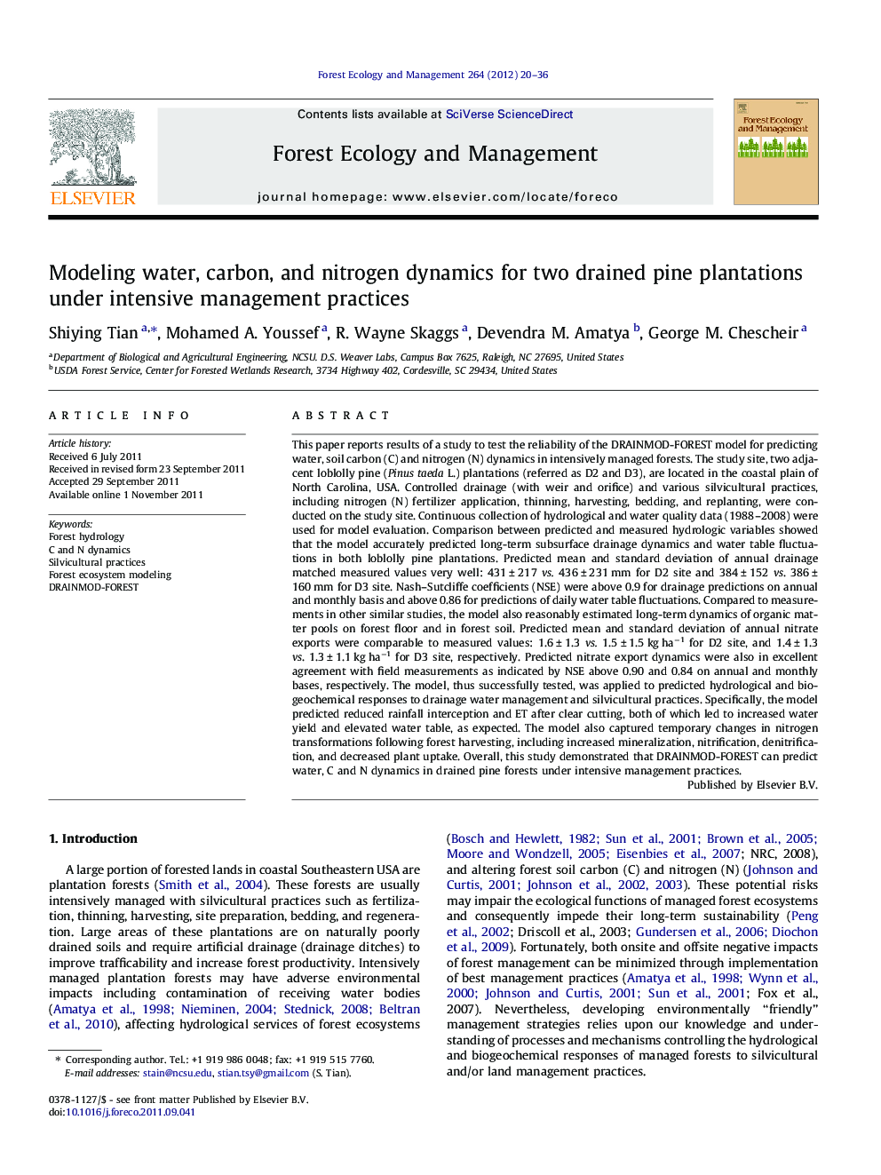 Modeling water, carbon, and nitrogen dynamics for two drained pine plantations under intensive management practices