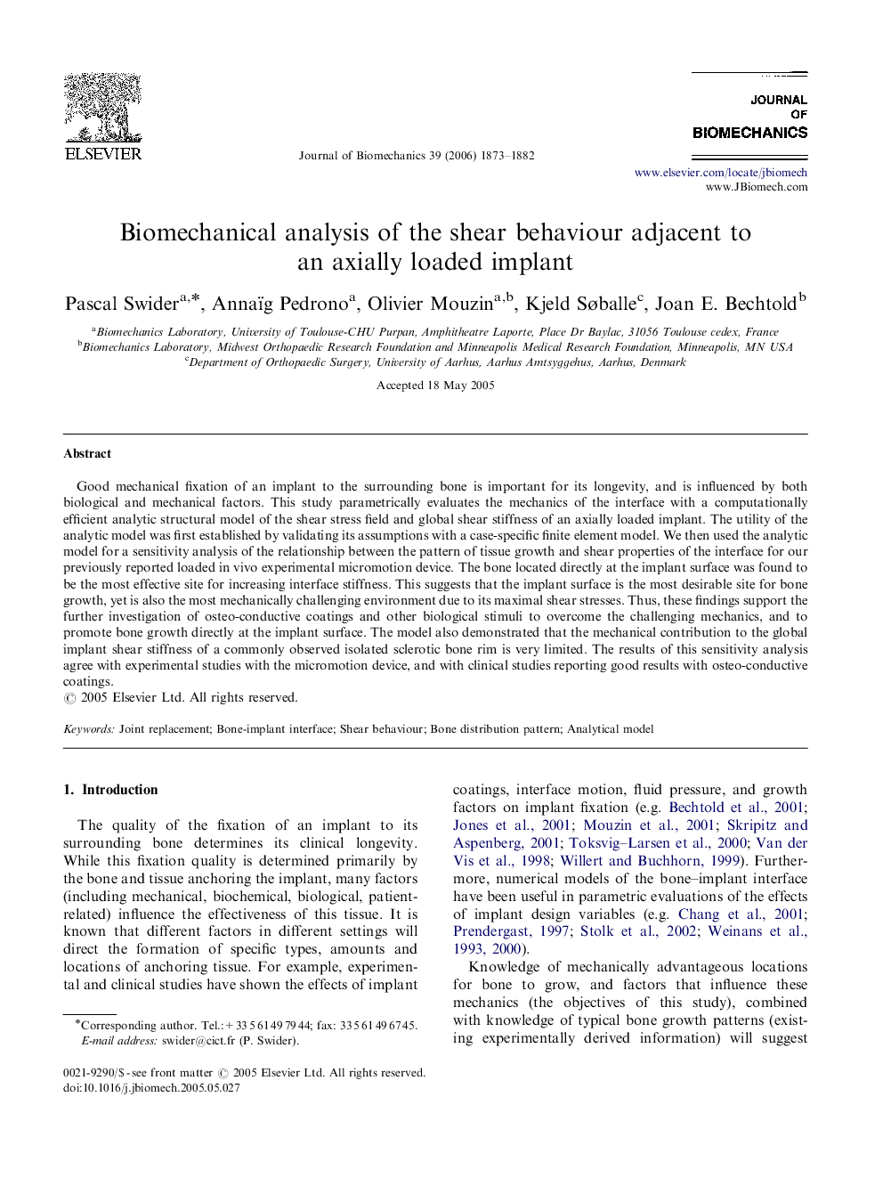 Biomechanical analysis of the shear behaviour adjacent to an axially loaded implant