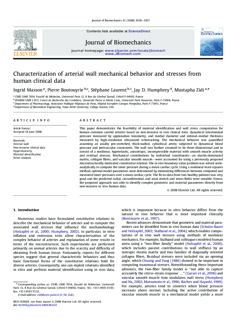 Characterization of arterial wall mechanical behavior and stresses from human clinical data