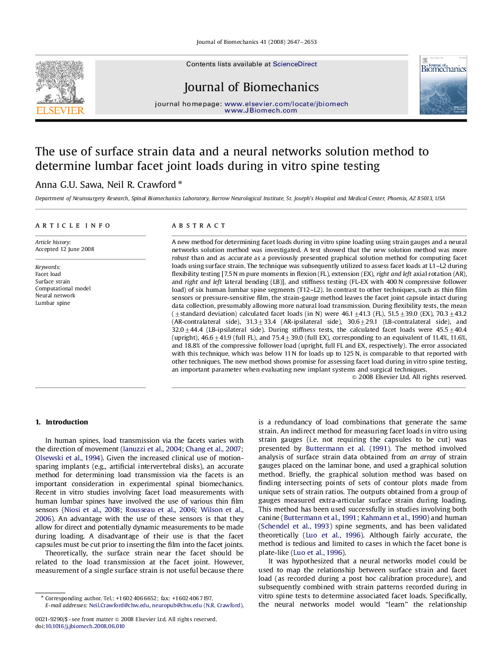 The use of surface strain data and a neural networks solution method to determine lumbar facet joint loads during in vitro spine testing