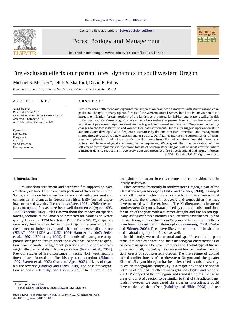 Fire exclusion effects on riparian forest dynamics in southwestern Oregon