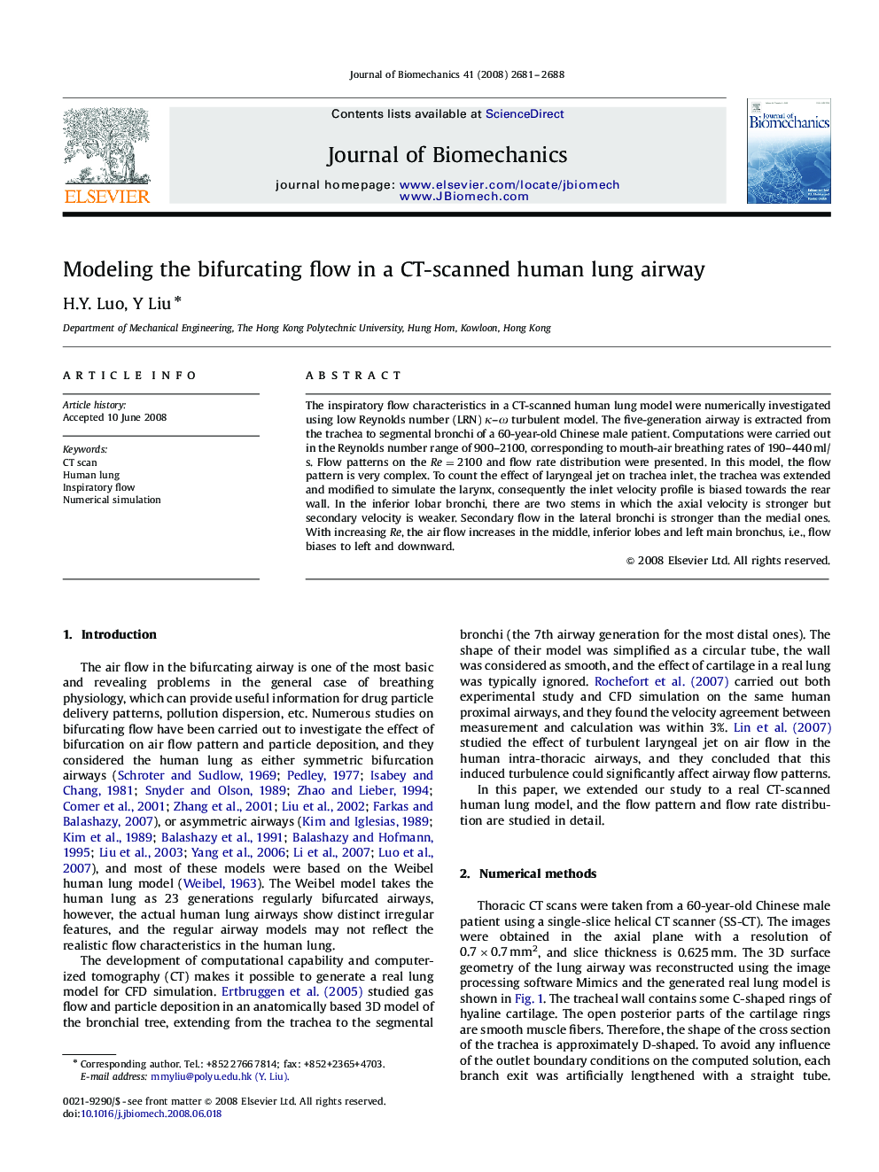 Modeling the bifurcating flow in a CT-scanned human lung airway