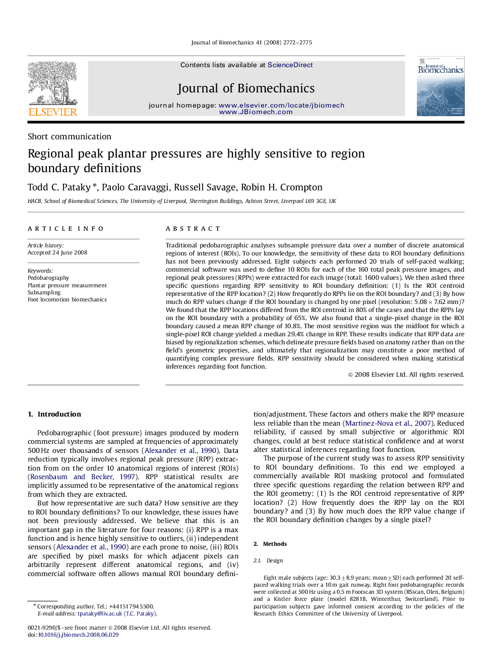 Regional peak plantar pressures are highly sensitive to region boundary definitions