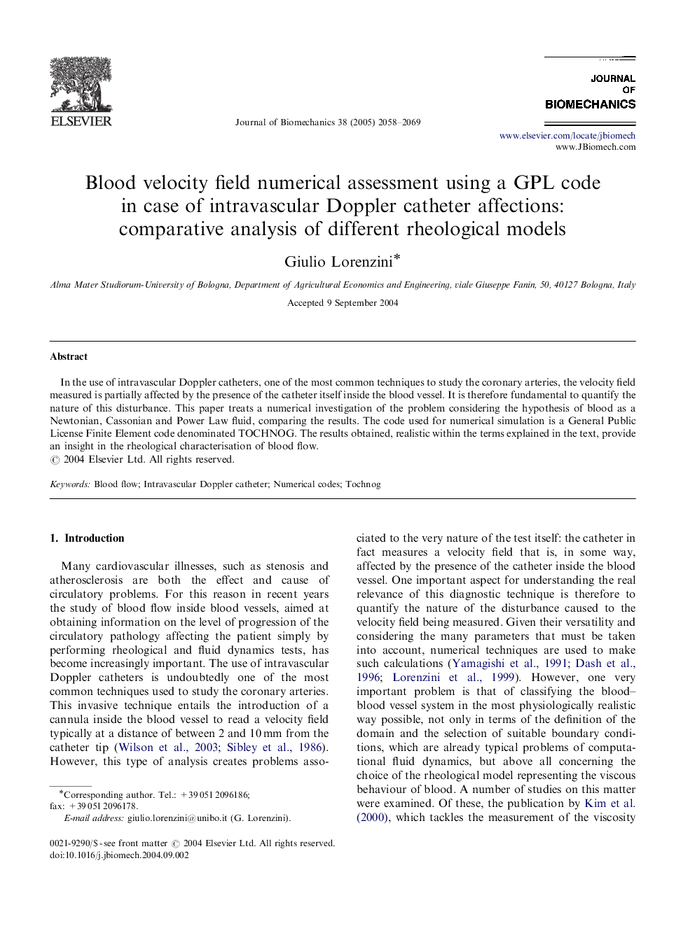 Blood velocity field numerical assessment using a GPL code in case of intravascular Doppler catheter affections: comparative analysis of different rheological models