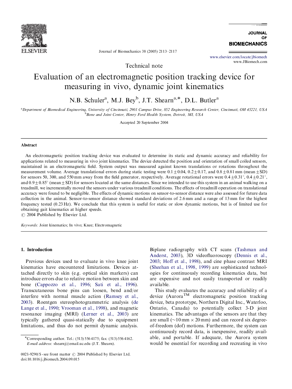 عکس صفحه اول مقاله: Evaluation of an electromagnetic position tracking device for measuring in vivo, dynamic joint kinematics Evaluation of an electromagnetic position tracking device for measuring in vivo, dynamic joint kinematics