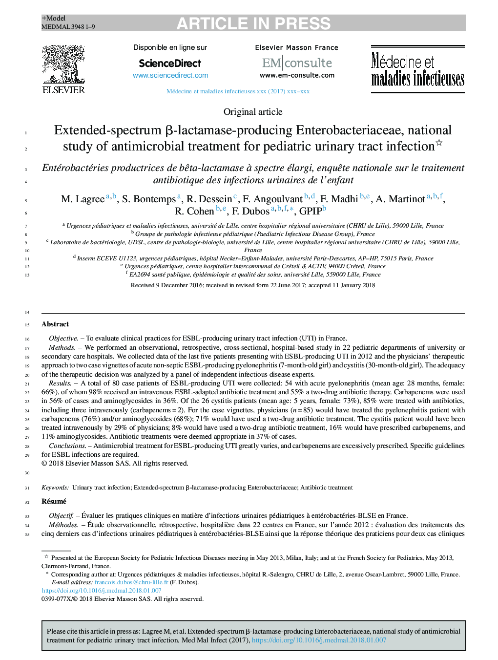 Extended-spectrum Î²-lactamase-producing Enterobacteriaceae, national study of antimicrobial treatment for pediatric urinary tract infection