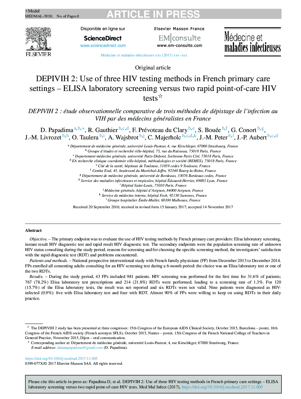 DEPIVIH 2: Use of three HIV testing methods in French primary care settings -Â ELISA laboratory screening versus two rapid point-of-care HIV tests