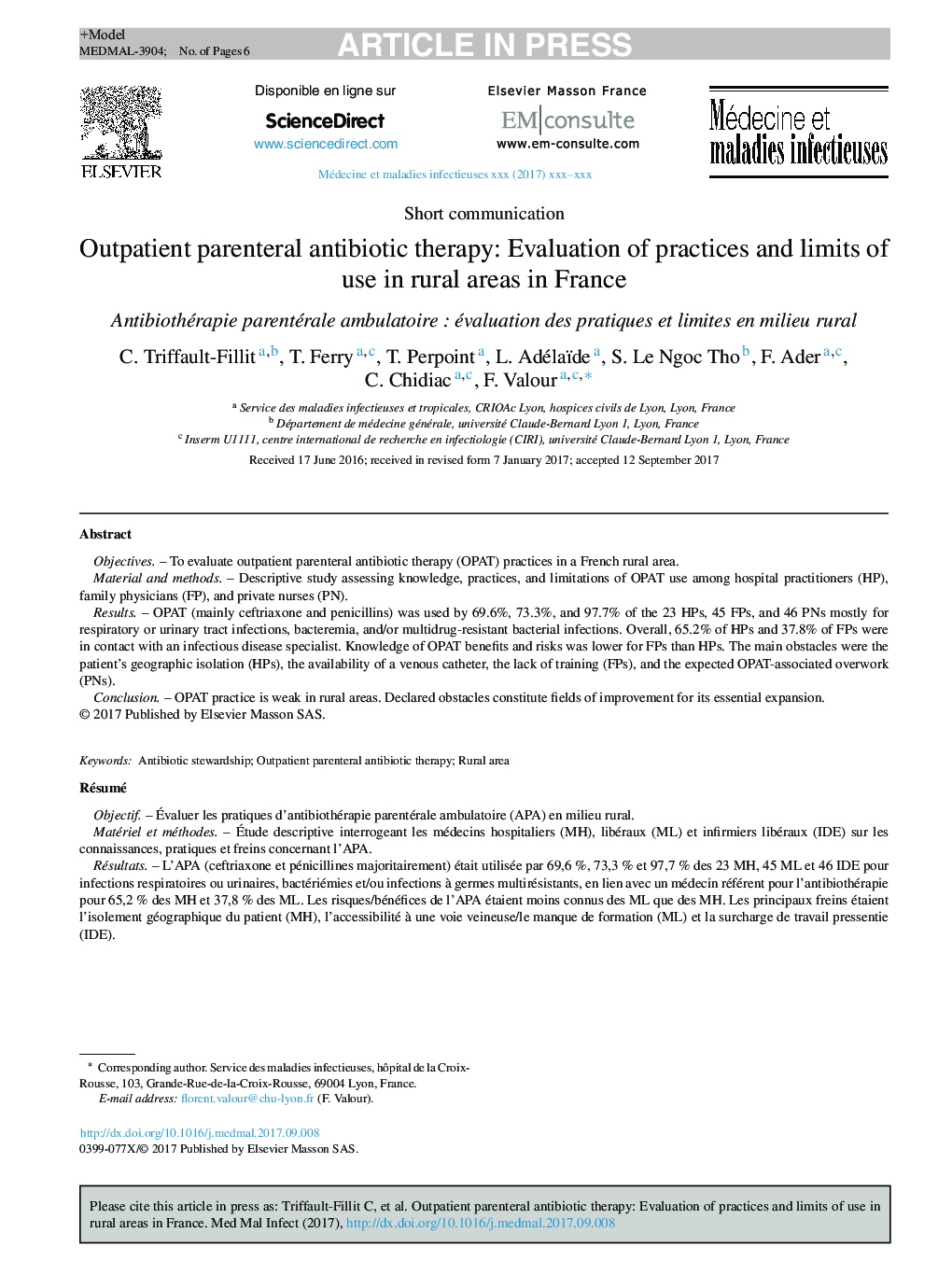 Outpatient parenteral antibiotic therapy: Evaluation of practices and limits of use in rural areas in France