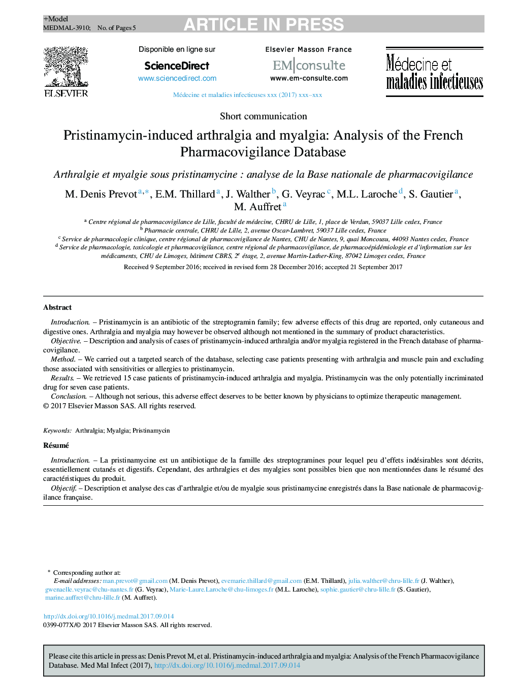 Pristinamycin-induced arthralgia and myalgia: Analysis of the French Pharmacovigilance Database