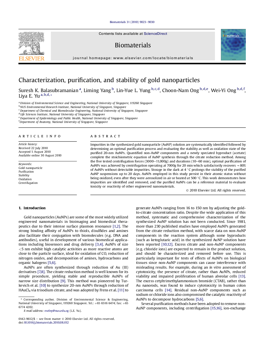 Characterization, purification, and stability of gold nanoparticles