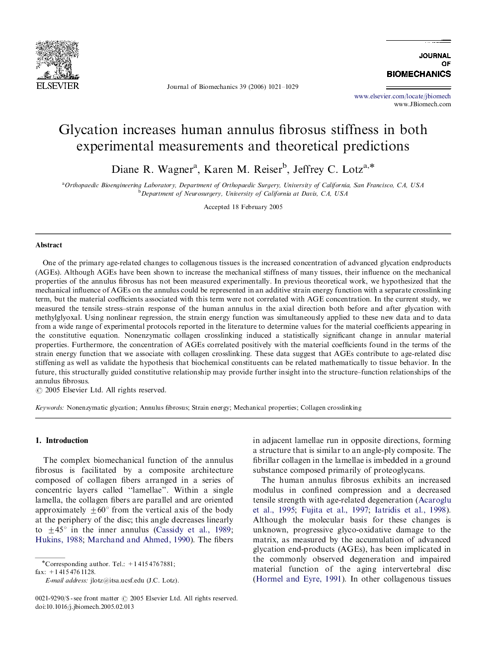 Glycation increases human annulus fibrosus stiffness in both experimental measurements and theoretical predictions