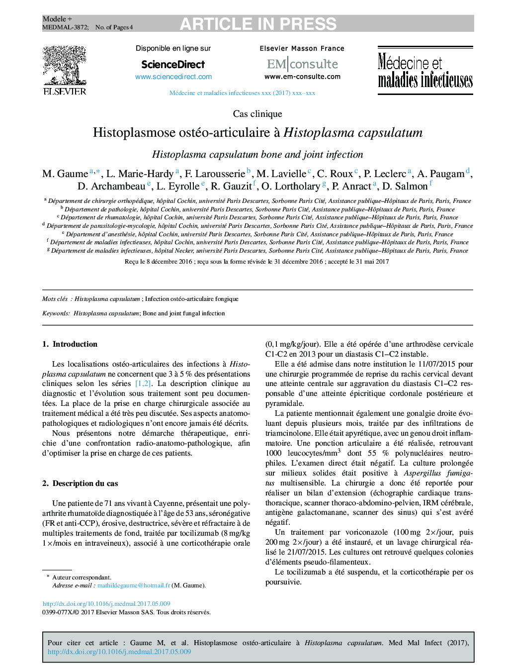 Histoplasmose ostéo-articulaire Ã  Histoplasma capsulatum