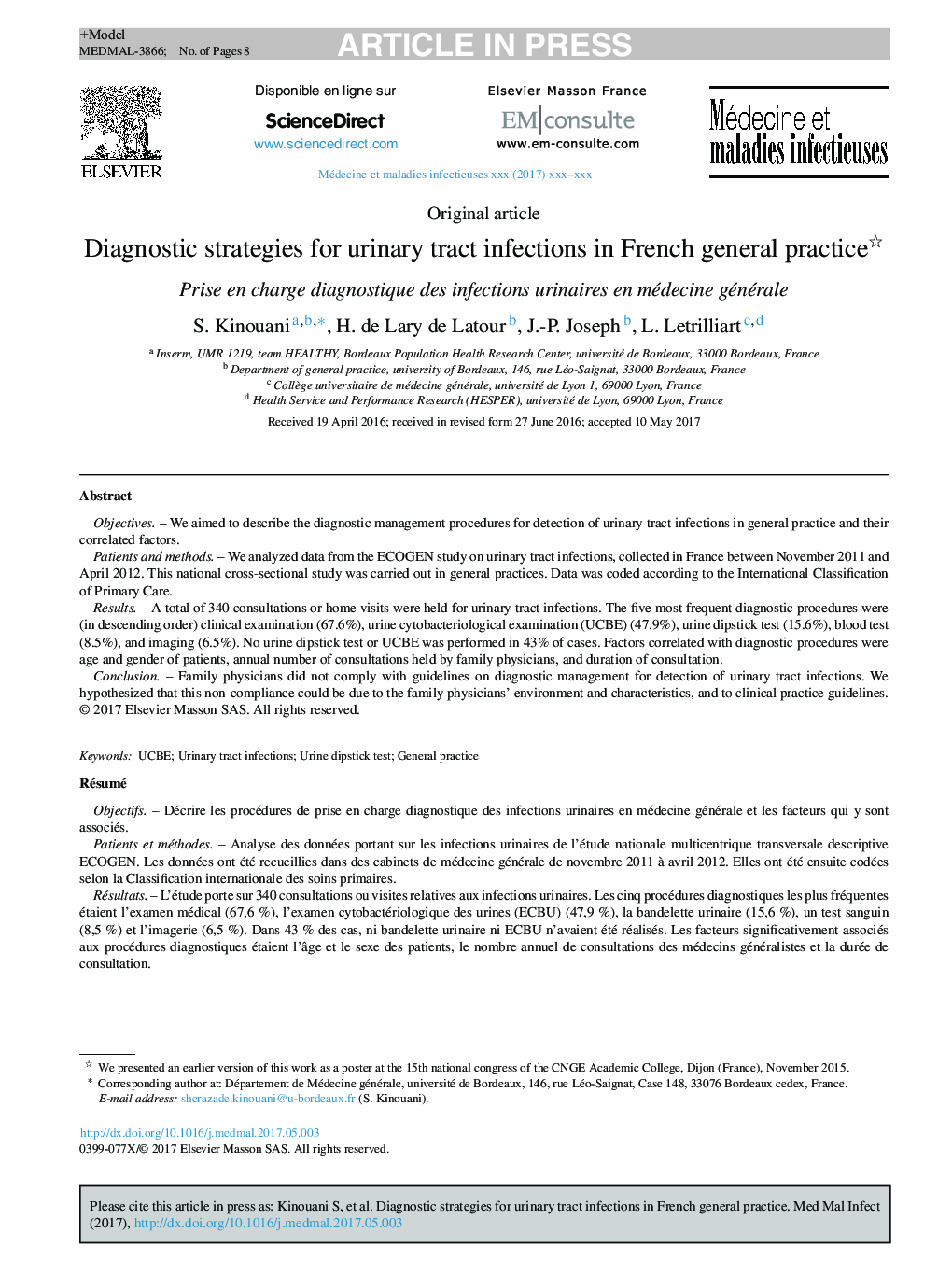 Diagnostic strategies for urinary tract infections in French general practice