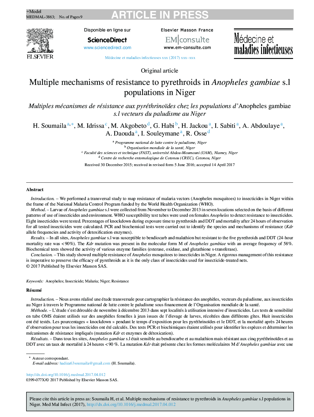 Multiple mechanisms of resistance to pyrethroids in Anopheles gambiae s.l populations in Niger